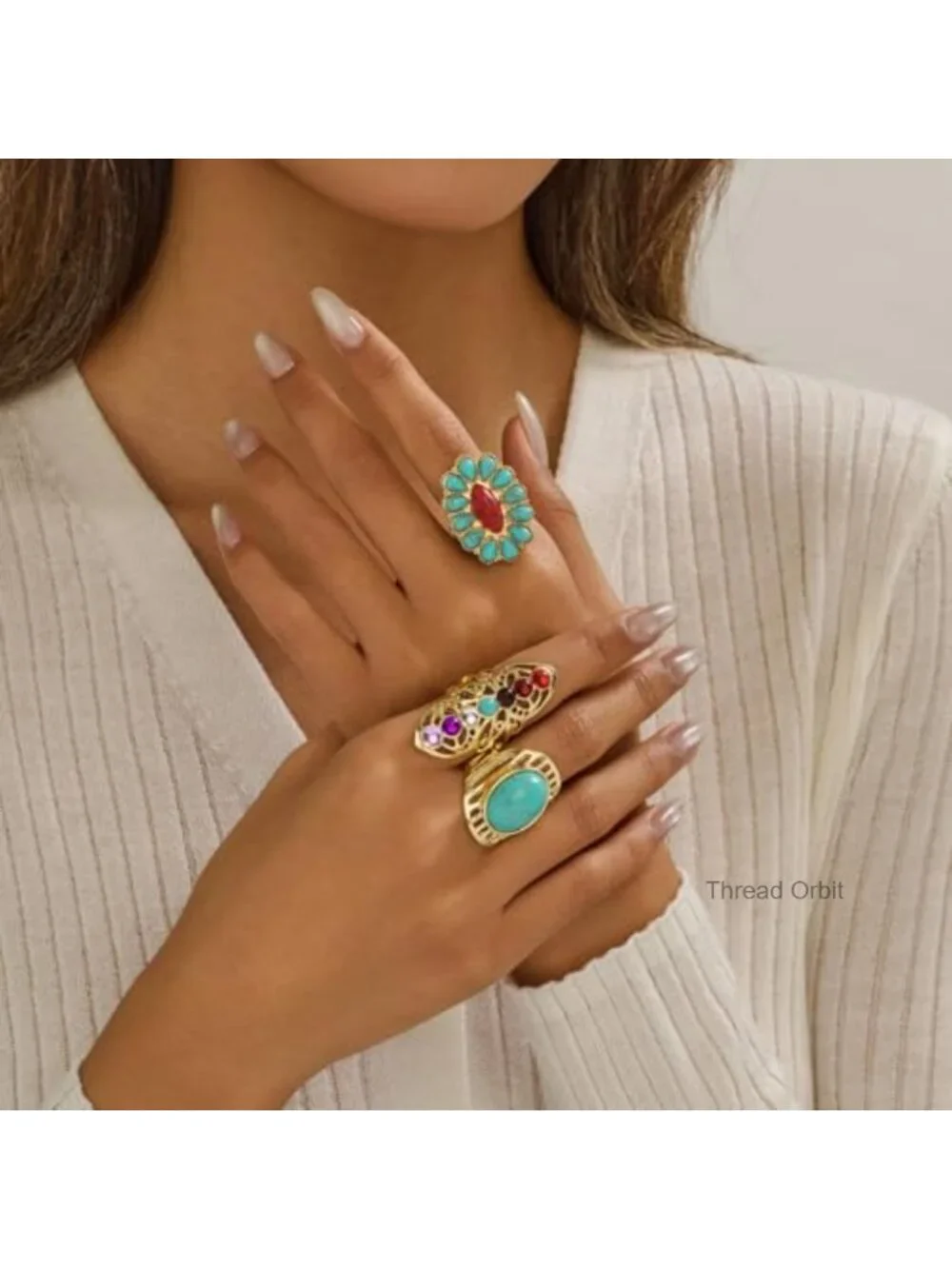 5-Piece Bohemian Turquoise Ring Set Stackable Gold Flower Statement Vintage